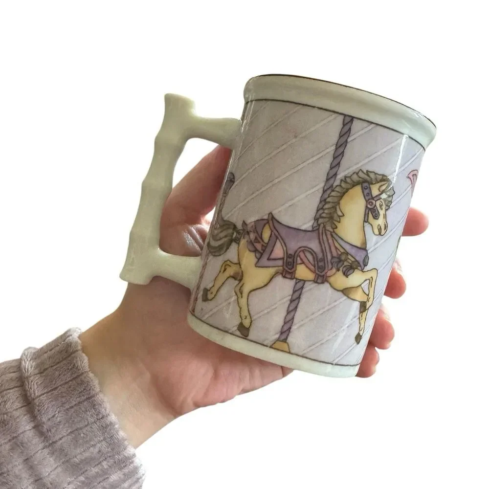 Takahashi‎ Carousel Horse Mugs Bamboo Style Handle Set of 2 Pink Purple